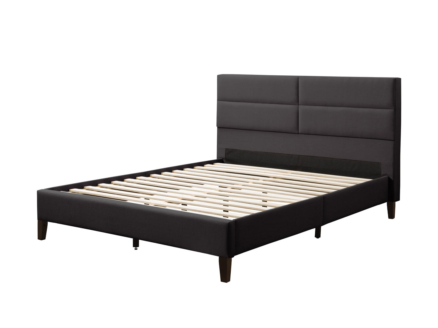 Dark grey upholstered queen bed with tufted headboard, wooden legs, and modern design