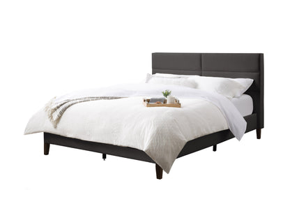 Dark grey upholstered queen bed with tufted headboard and wooden legs.