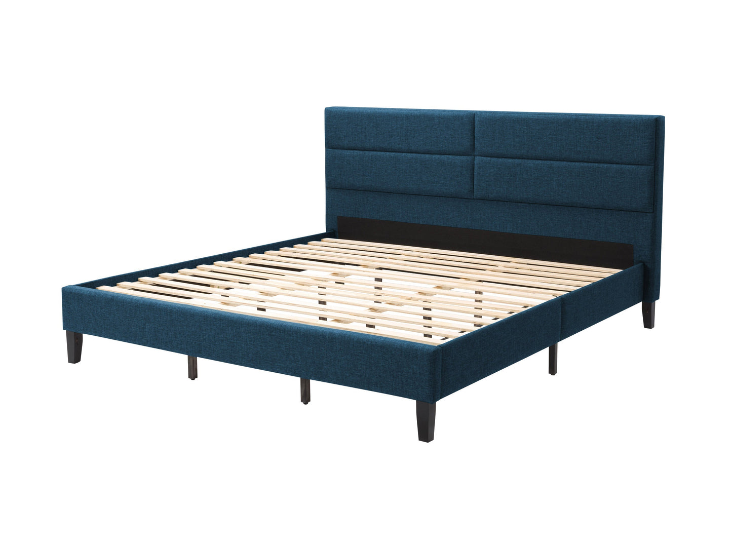 Blue upholstered king bed with tufted headboard, wooden legs, and elegant design.