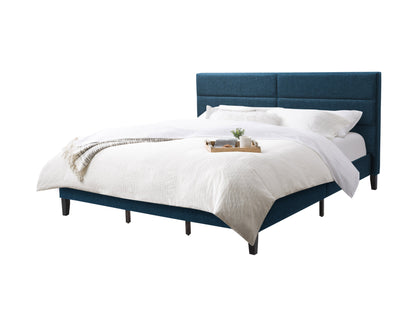 Blue upholstered king bed with tufted headboard, wooden legs, and contemporary design.