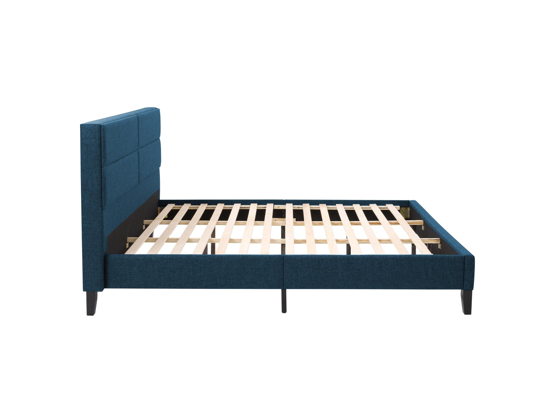 Blue upholstered king bed with tufted headboard, wooden legs, and modern design.