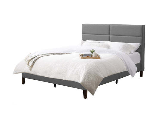 Modern upholstered double/full bed with tufted headboard in soft grey fabric, sleek wooden frame, and minimalist design, perfect for contemporary bedrooms.