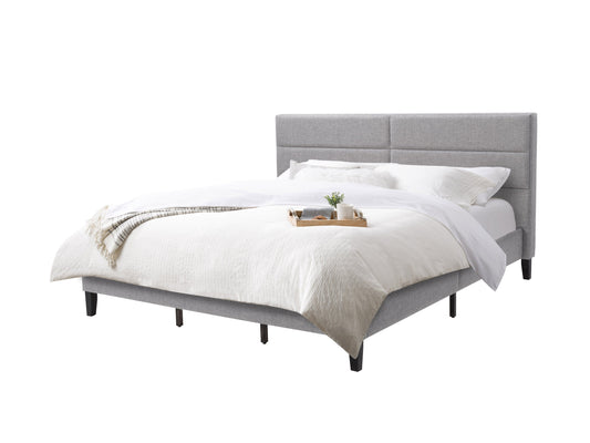 Modern wooden bed with a minimalist design featuring a walnut finish, clean lines, and a sturdy frame. The bed is styled with white linens and accent pillows, perfect for contemporary bedrooms.