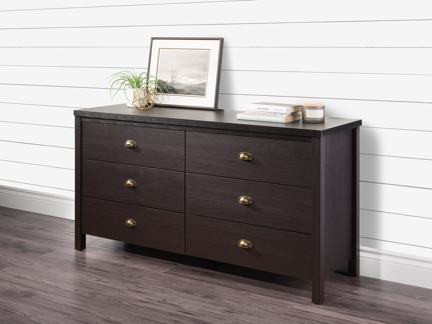 Black 6-Drawer Wide Dresser with Interlocking Drawers