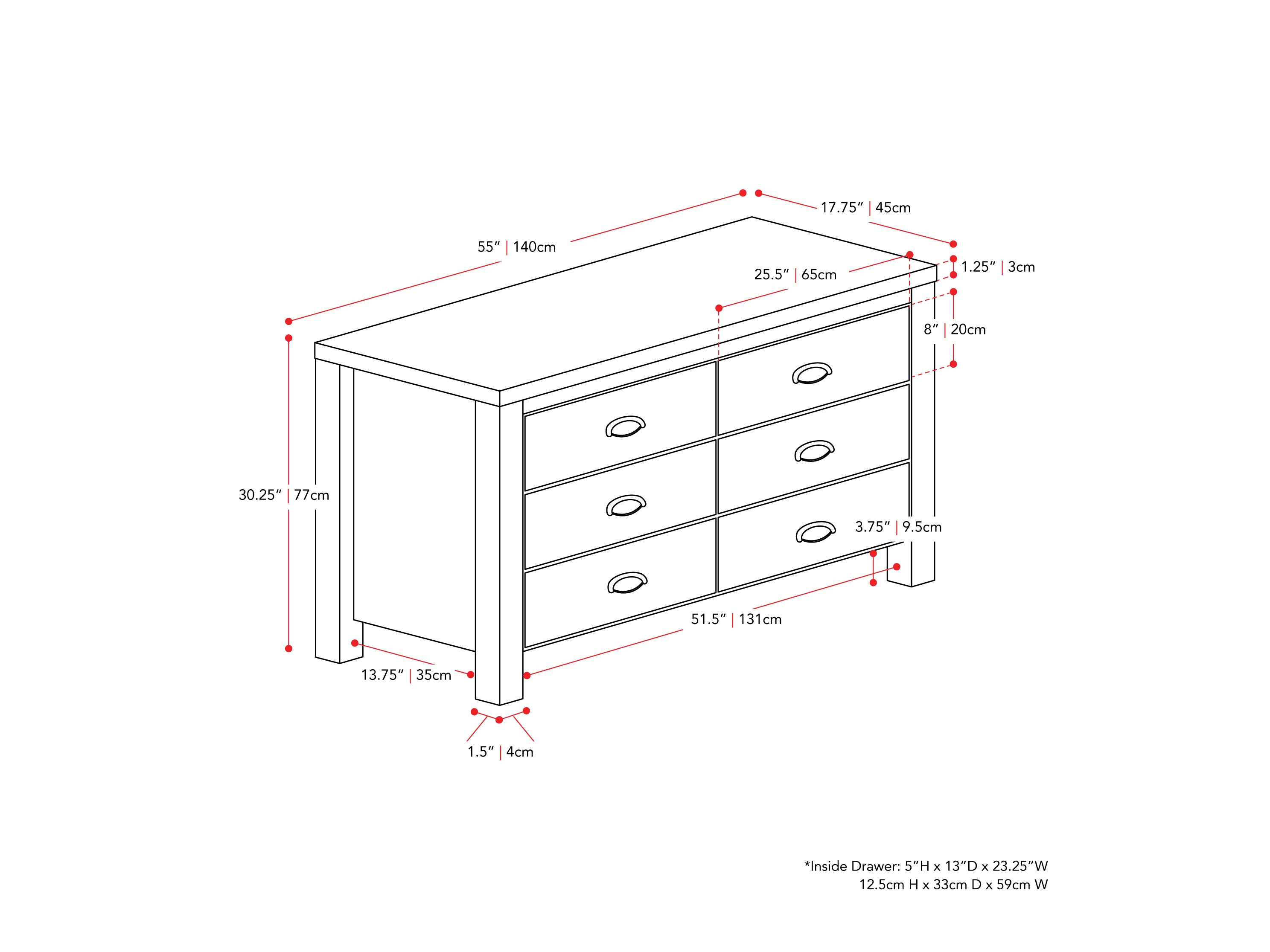 White 6-Drawer Wide Dresser with Interlocking Drawers