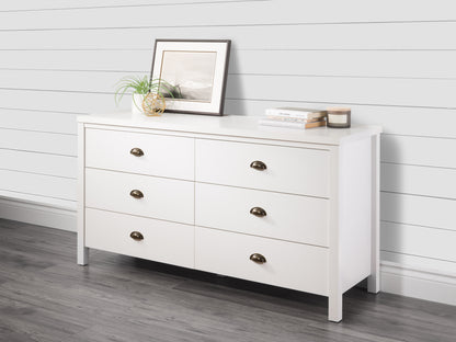 White 6-Drawer Wide Dresser with Interlocking Drawers