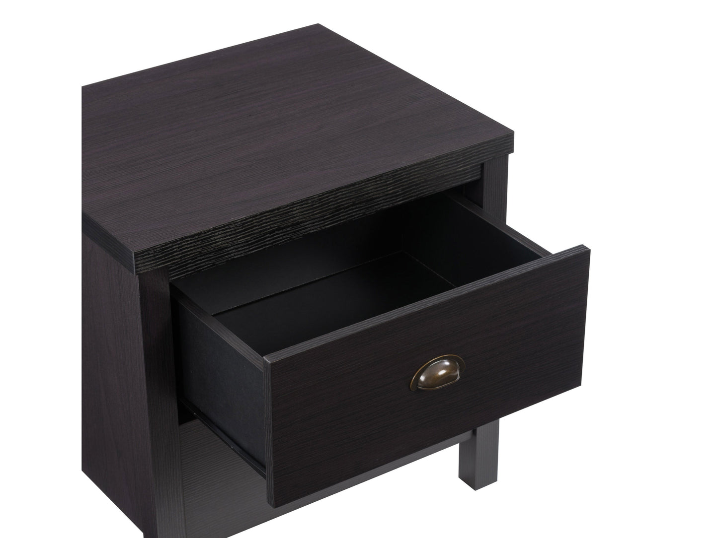 Black nightstand with 2 drawers, sleek minimalist design, and modern metal handles.