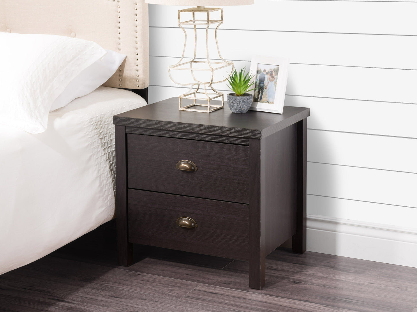 Black 2 drawer nightstand with sleek design, metal handles, and sturdy wooden construction for modern bedrooms.