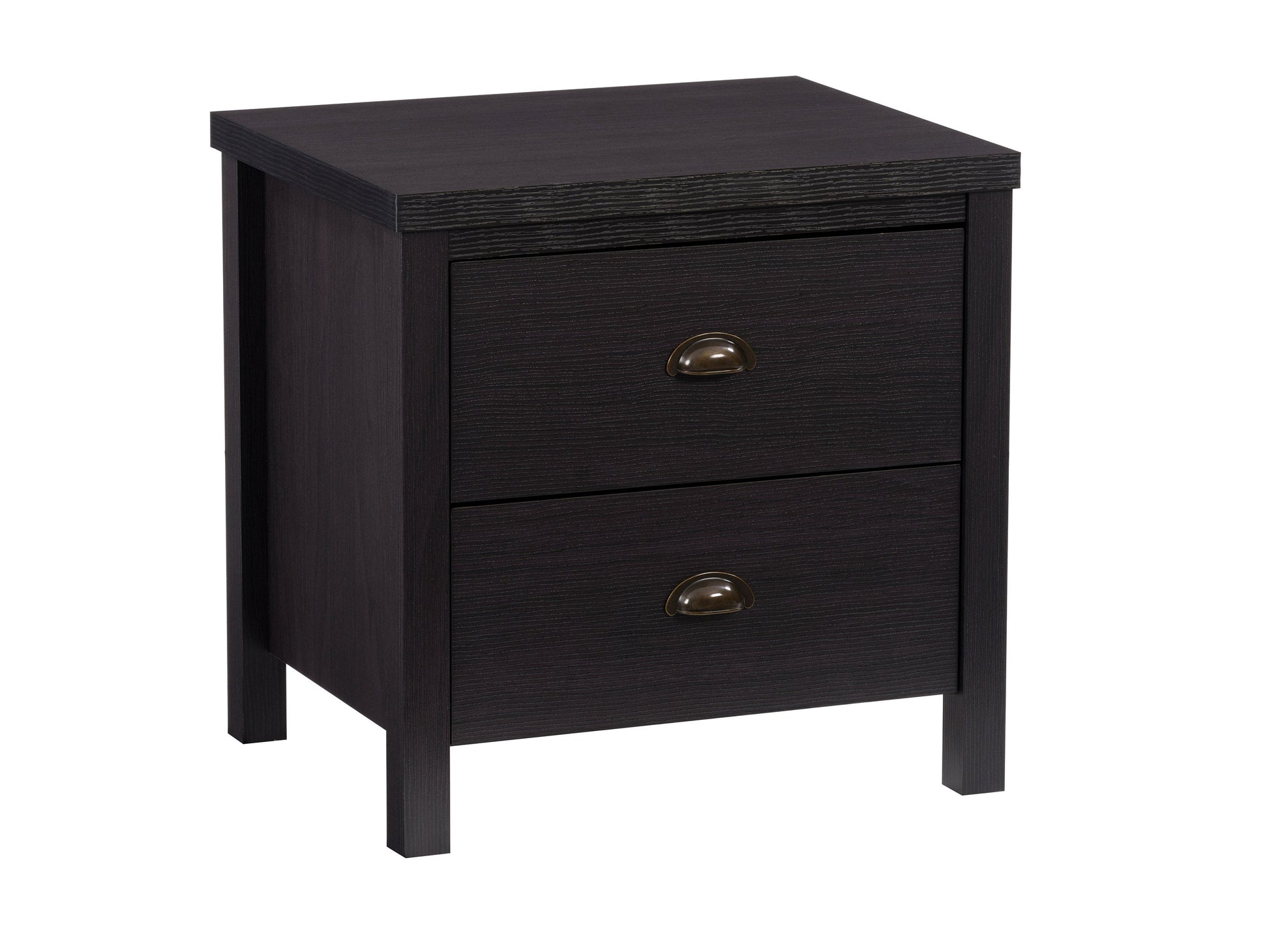 Black 2 drawer night stand with sleek design, modern metal handles, and sturdy wooden construction.