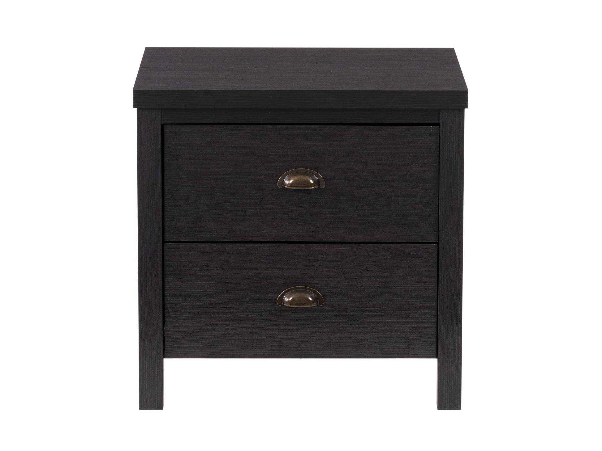 Black wooden nightstand with two drawers, sleek metal handles, and a modern design for bedroom storage.