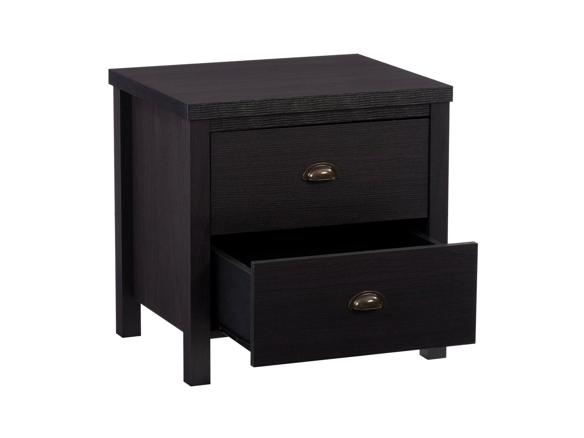 Black 2-drawer nightstand with sleek design, modern handles, and sturdy wooden construction.