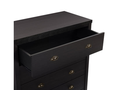 Black 5 drawer dresser with sleek design, metal handles, and sturdy construction for modern bedroom storage solutions.