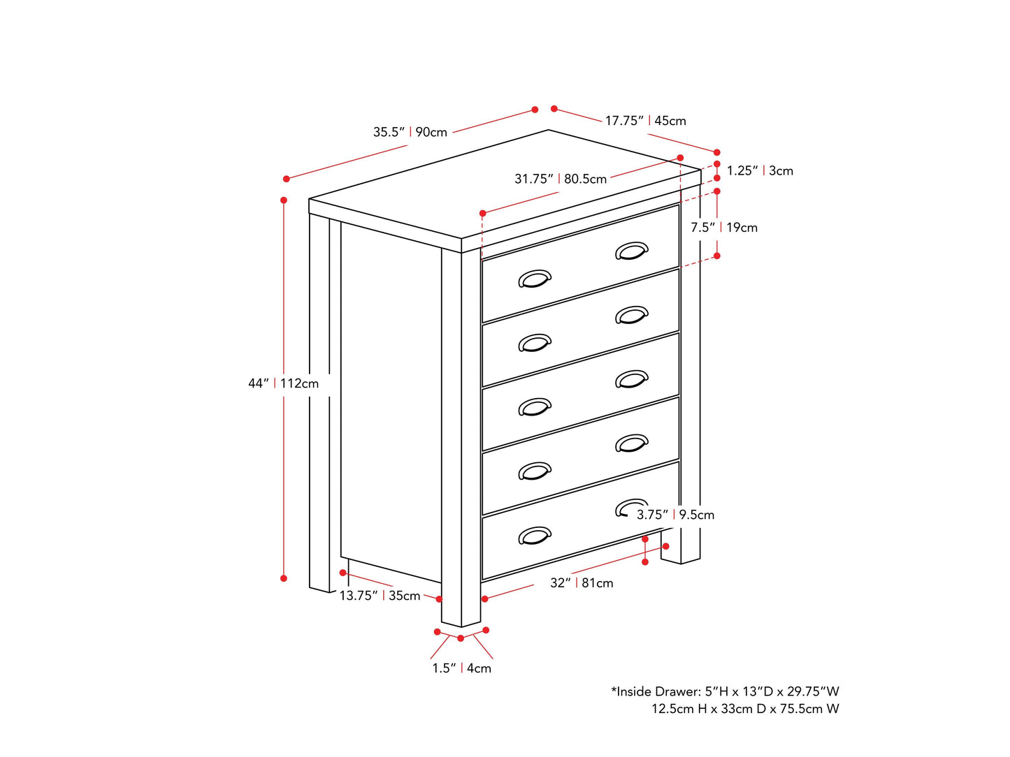 Black 5 drawer dresser with sleek metal handles, minimalist design, and sturdy construction for modern bedroom storage.