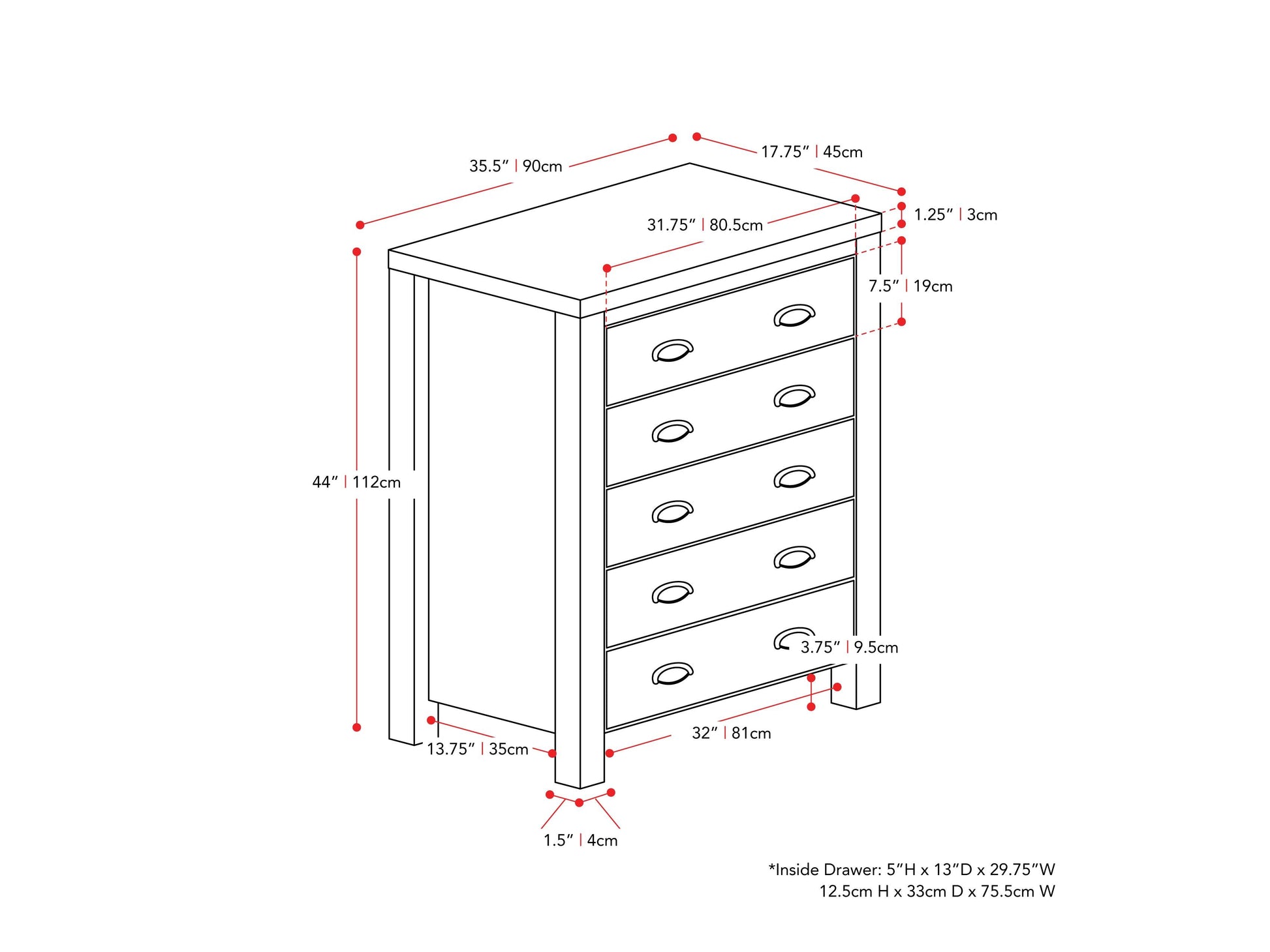 Black 5 drawer dresser with sleek metal handles, minimalist design, and sturdy construction for modern bedroom storage.