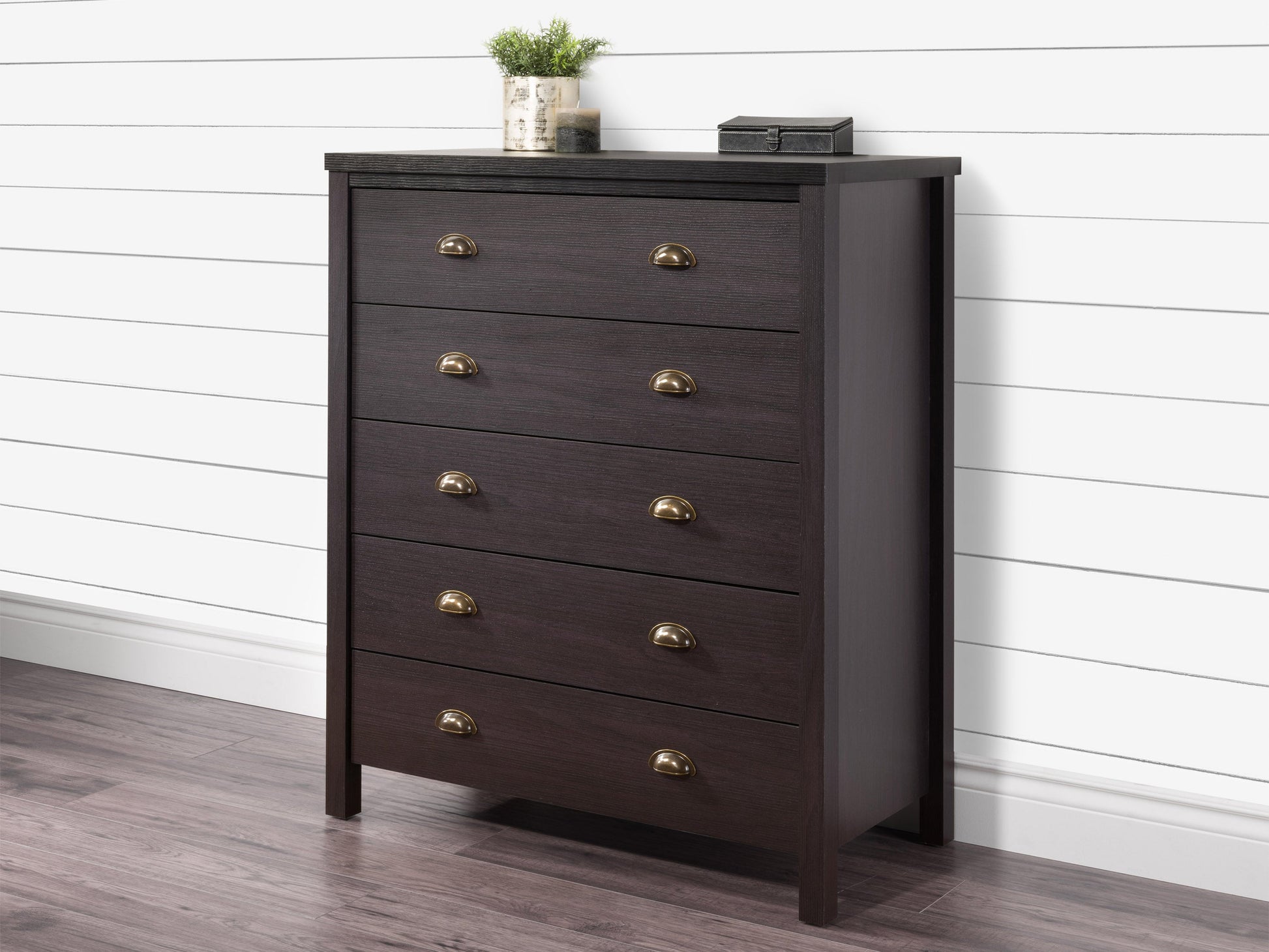 Black 5-drawer dresser with sleek handles, modern design, and ample storage space for bedroom or living room.