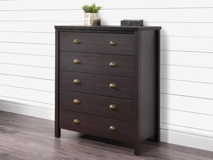 Black 5-drawer dresser with sleek handles, modern design, and ample storage space for bedroom or living room.