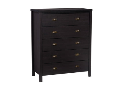 Black 5-drawer dresser, modern design with sleek metal handles and a smooth matte finish.