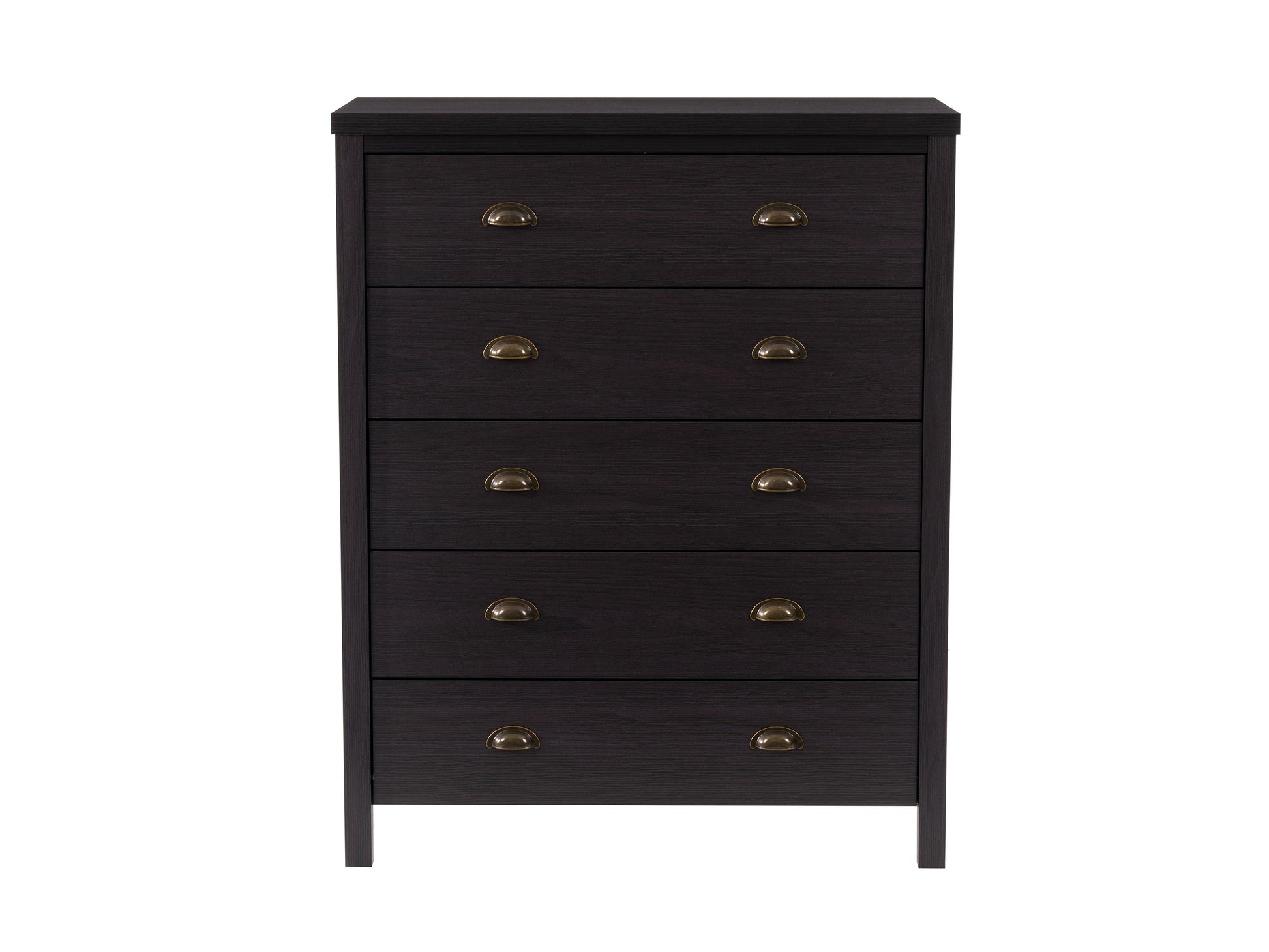 Black 5-drawer dresser with sleek metal handles, modern design, and ample storage space.