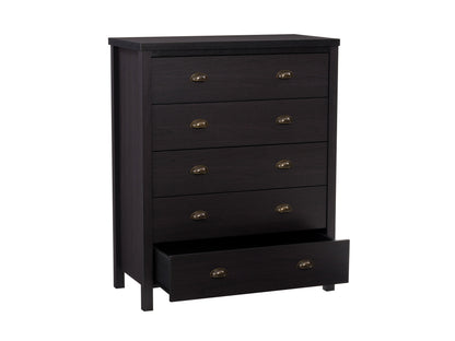 Black 5 drawer dresser with sleek modern design and metal handles, perfect for bedroom storage solutions.