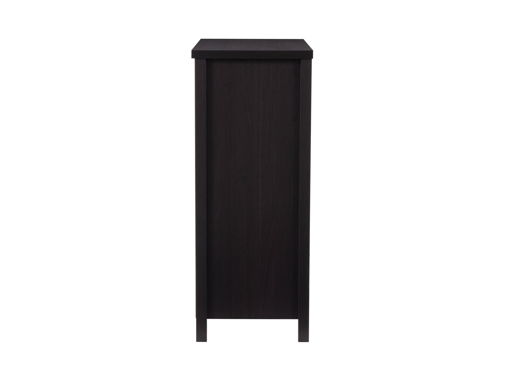 Black 5 drawer dresser with sleek handles, modern design, and sturdy wooden construction.