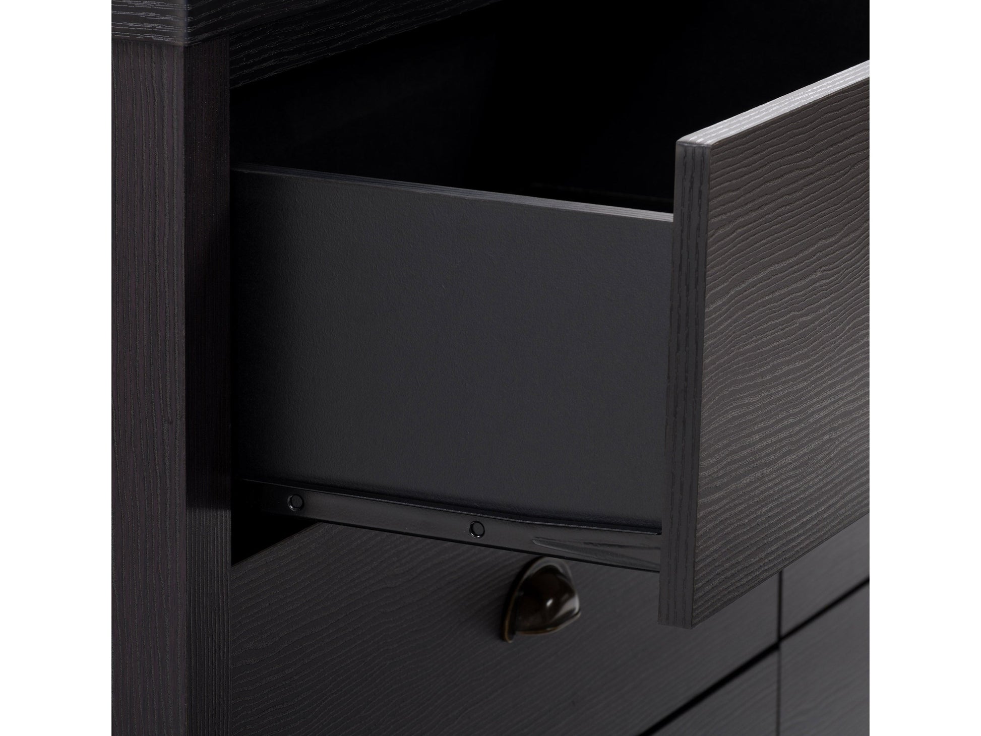 Black 6 drawer dresser with sleek metal handles, modern minimalist design, and sturdy wooden construction.