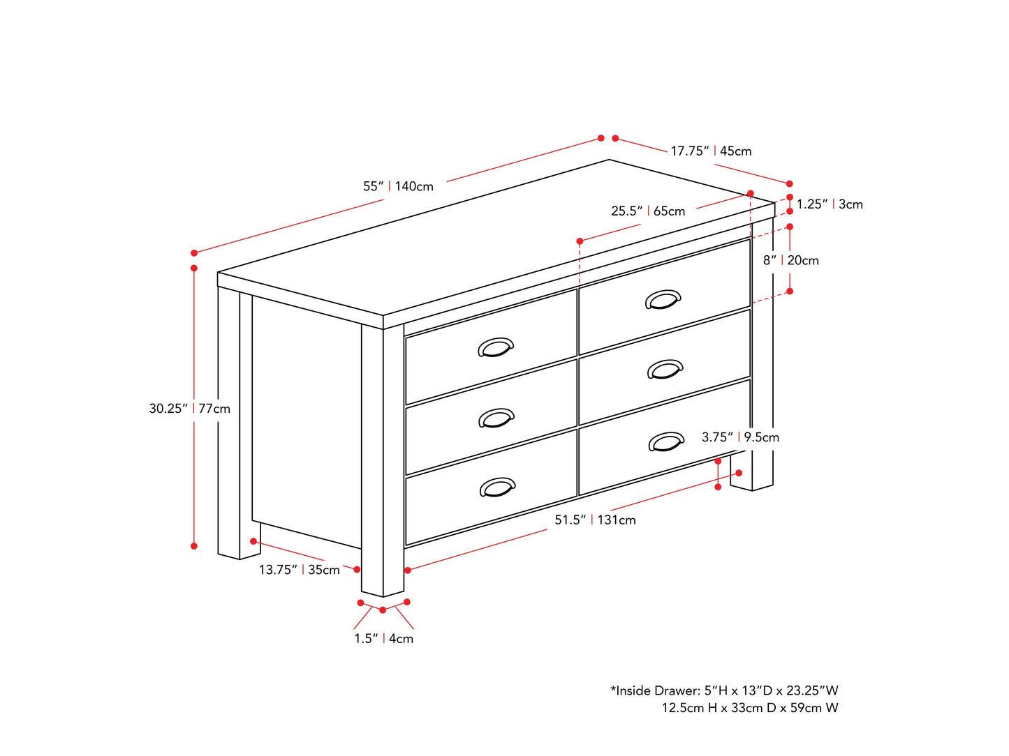 Black 6 drawer dresser with sleek modern design, featuring minimalist handles and sturdy wooden construction.