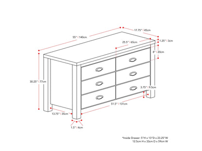 Black 6 drawer dresser with sleek modern design, featuring minimalist handles and sturdy wooden construction.