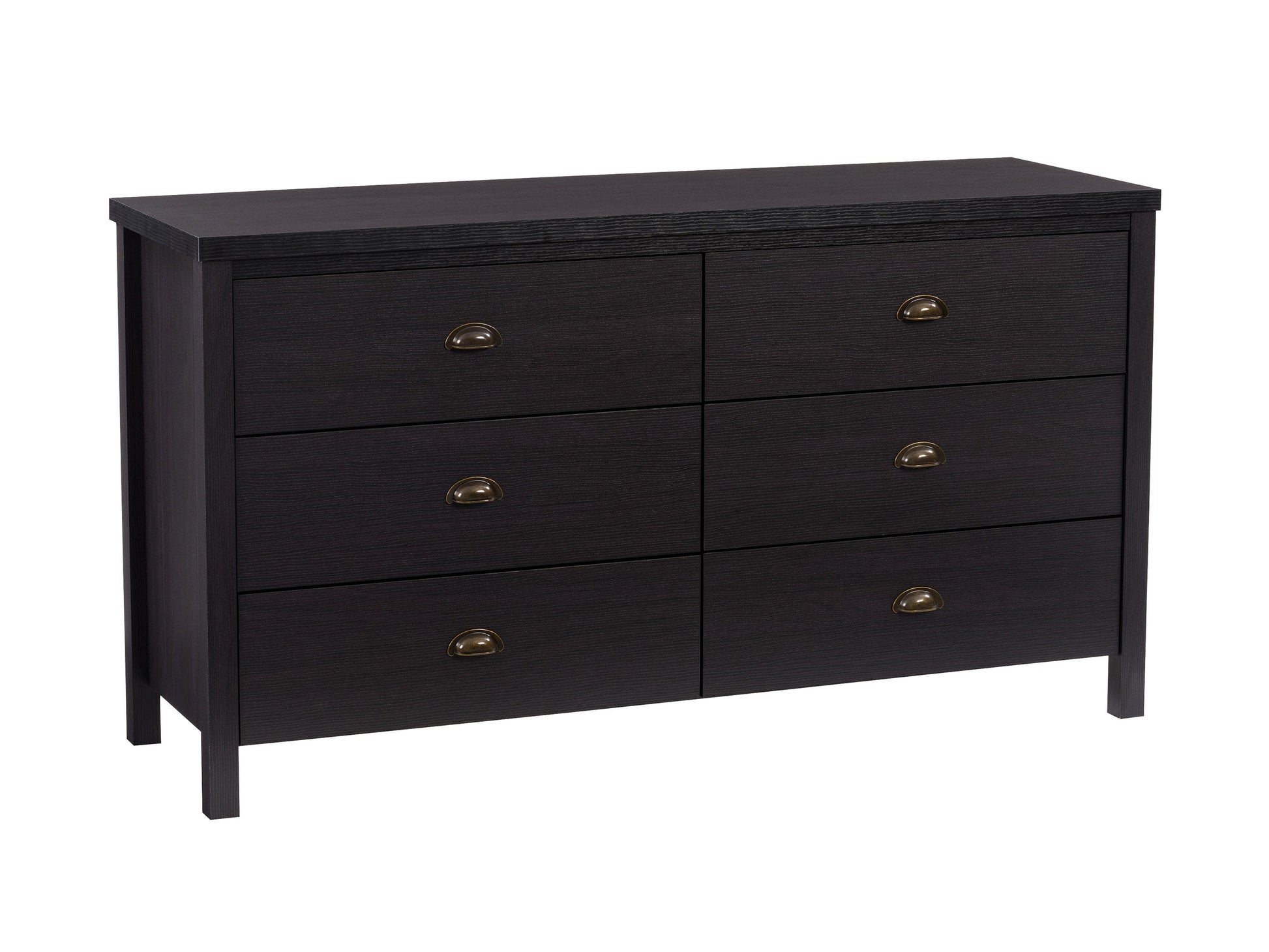 Black 6-drawer dresser with sleek metal handles, modern design, and spacious storage compartments.