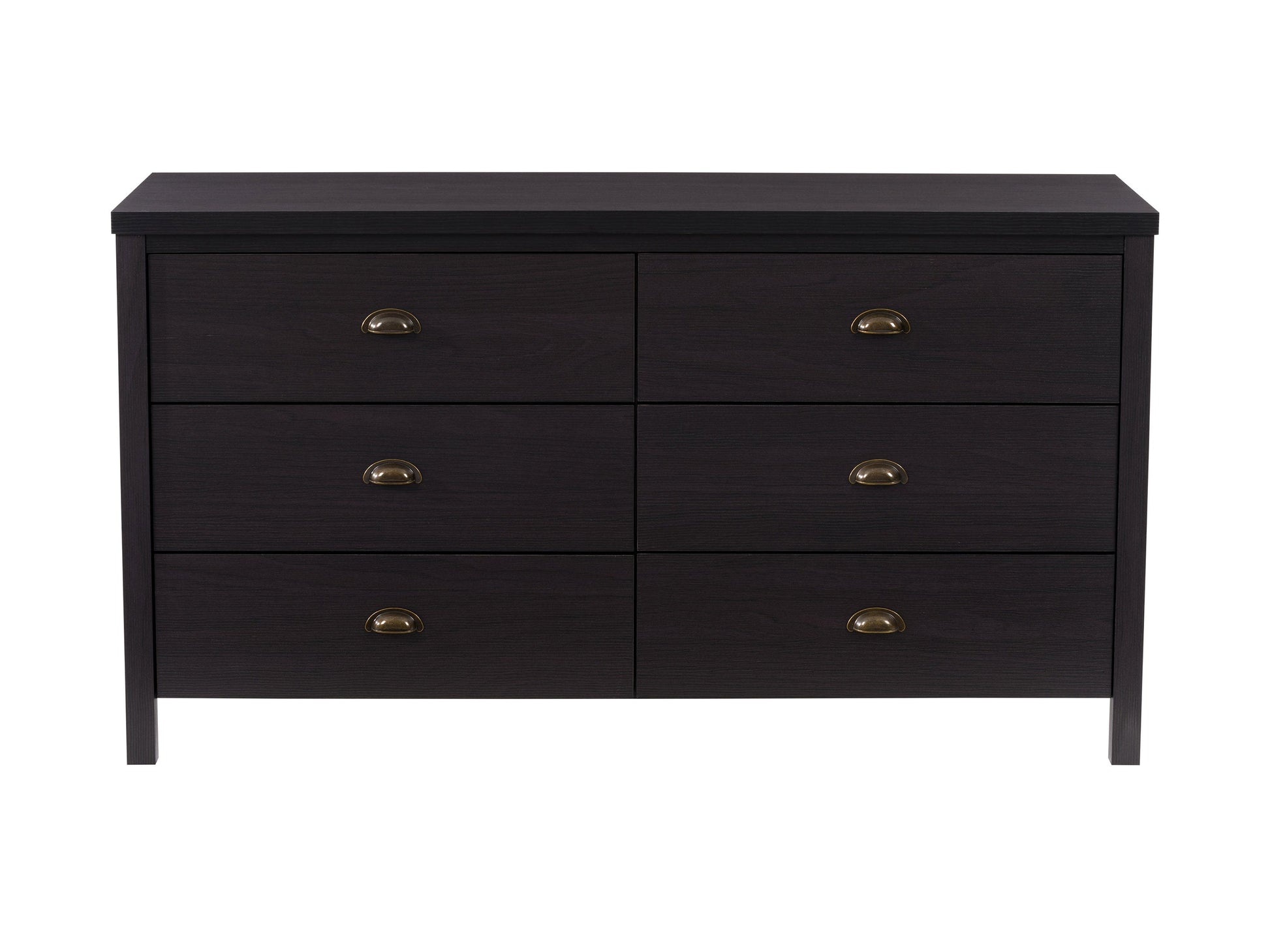 Black 6-drawer dresser with sleek modern design, metal handles, and sturdy wooden construction.