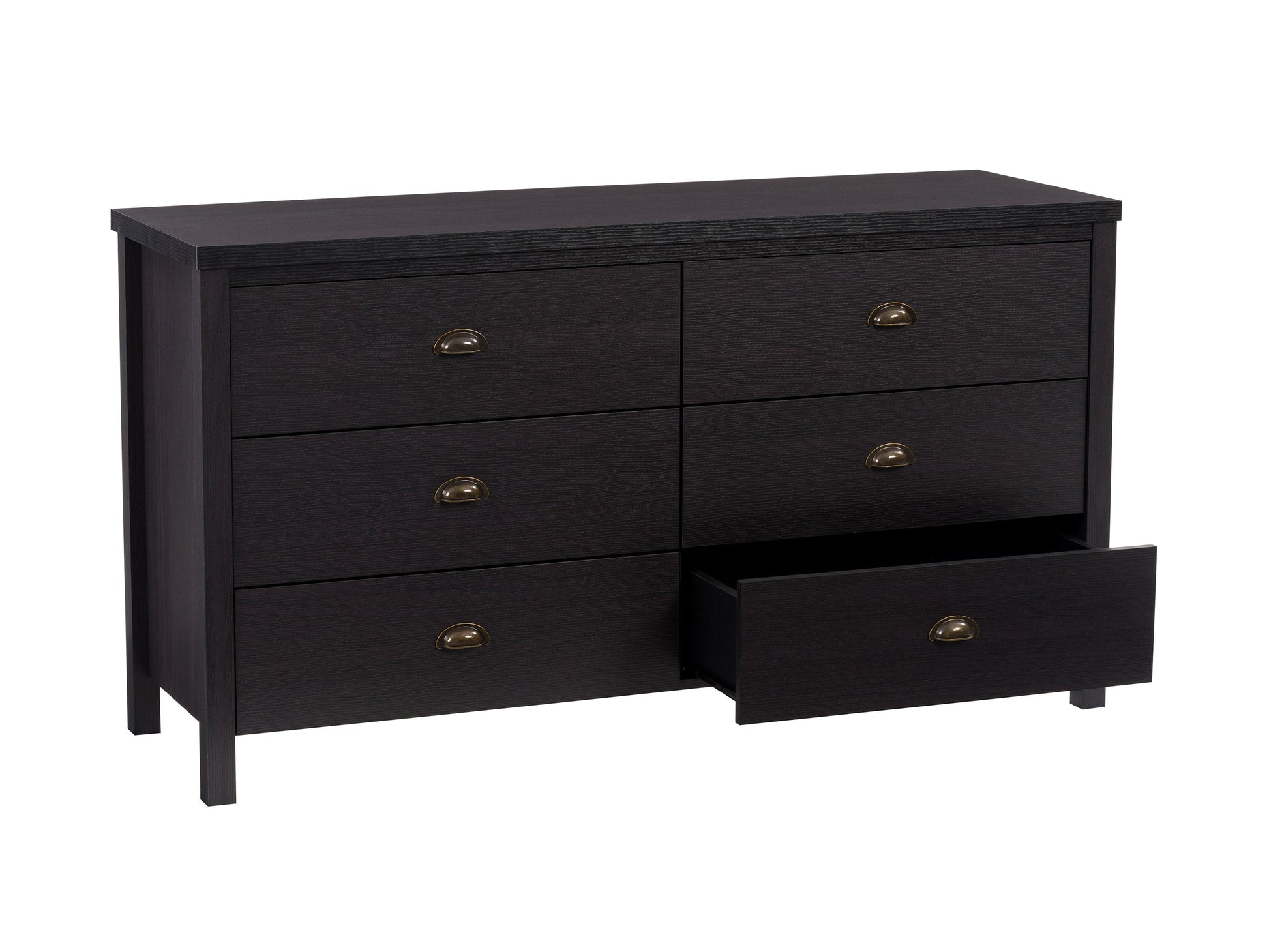 Black 6-drawer dresser with sleek metal handles, modern design, and sturdy wooden construction.