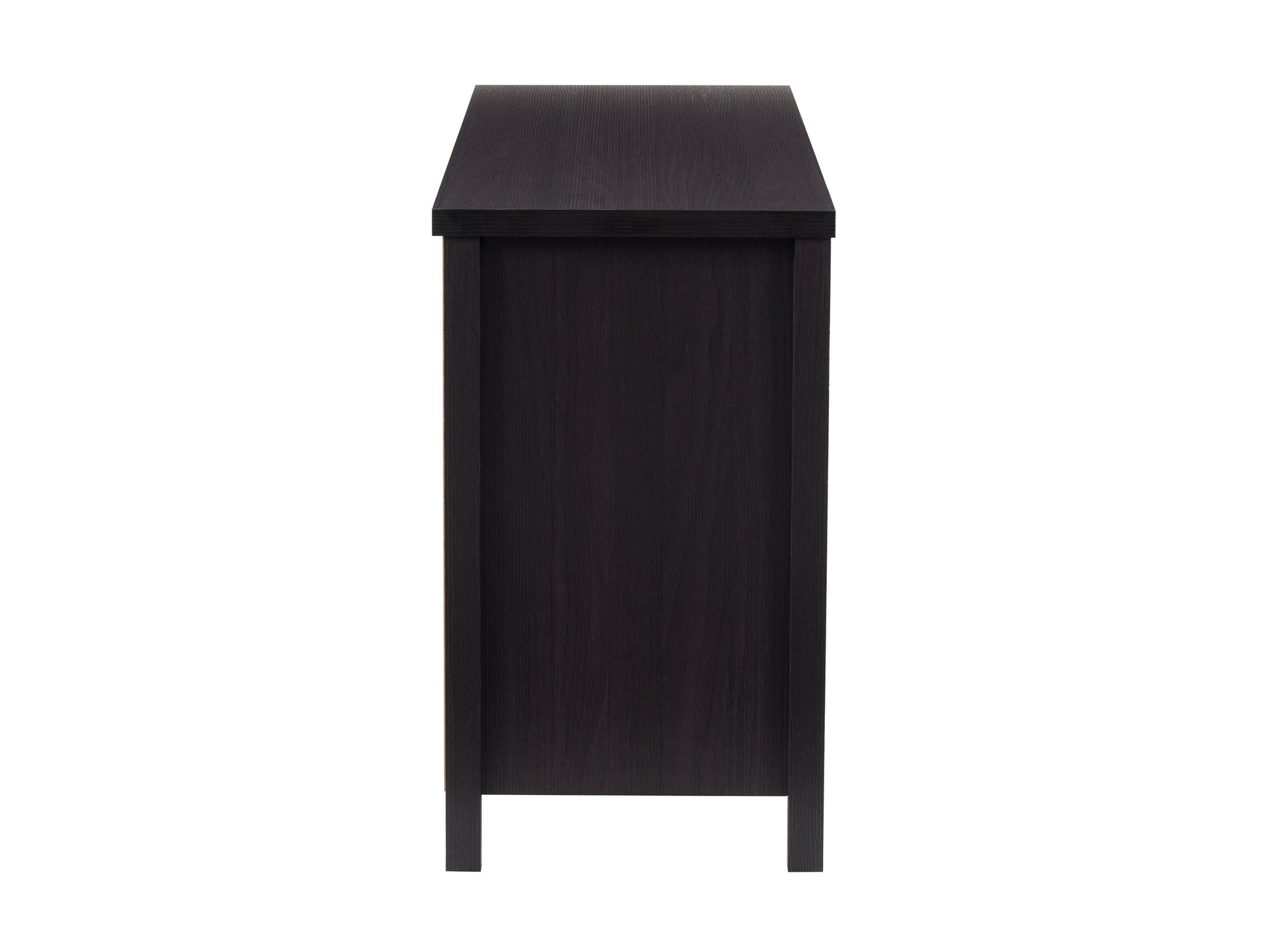 Black 6-drawer dresser with sleek handles, modern design, and spacious storage.