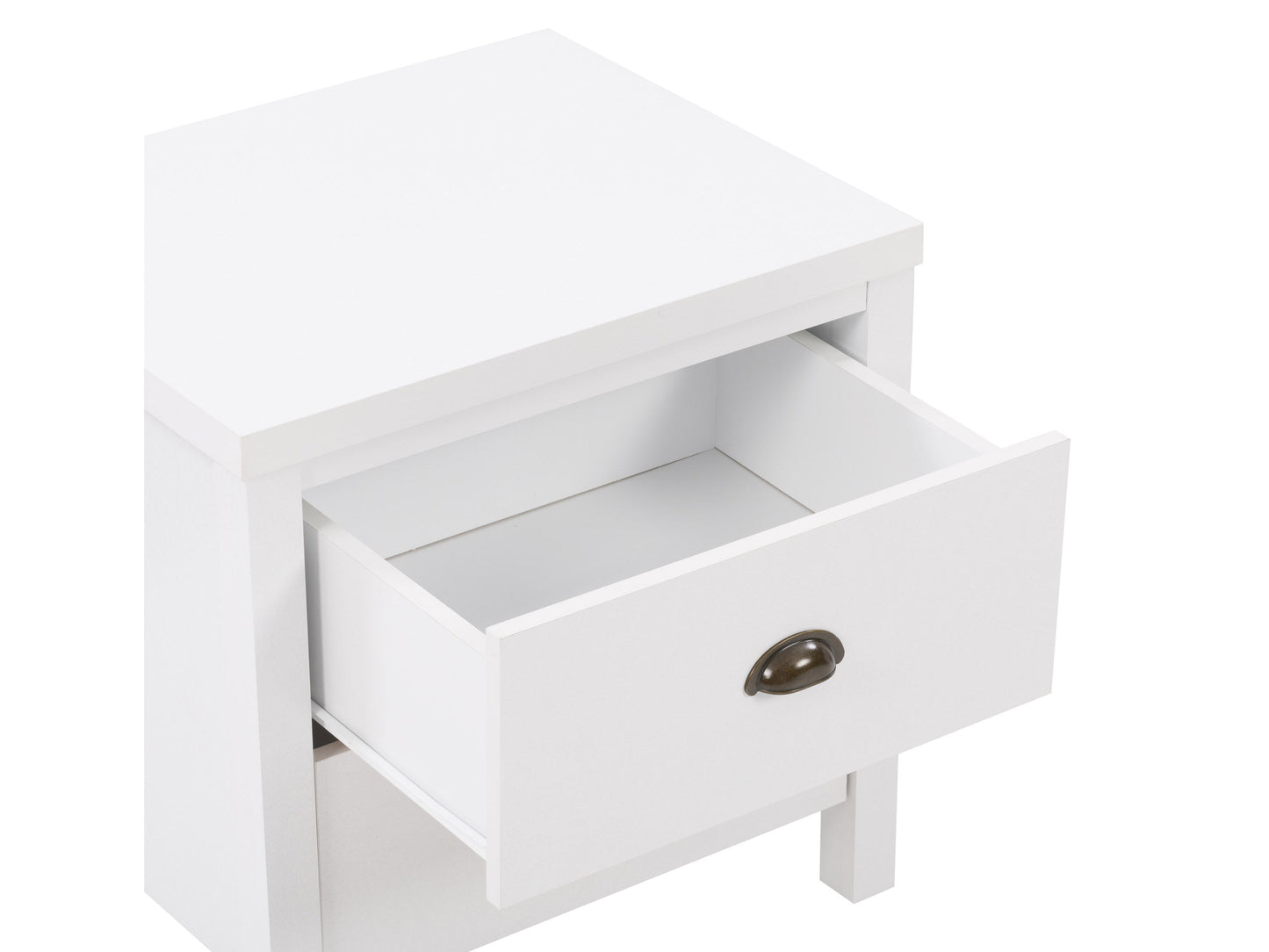 White 2-drawer nightstand with sleek handles, modern design, and sturdy wooden construction.