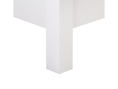 White 2-drawer nightstand with sleek metal handles, smooth finish, and modern minimalist design.