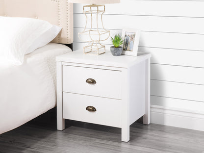 White 2-drawer nightstand with sleek handles and a modern minimalist design, perfect for bedroom storage.