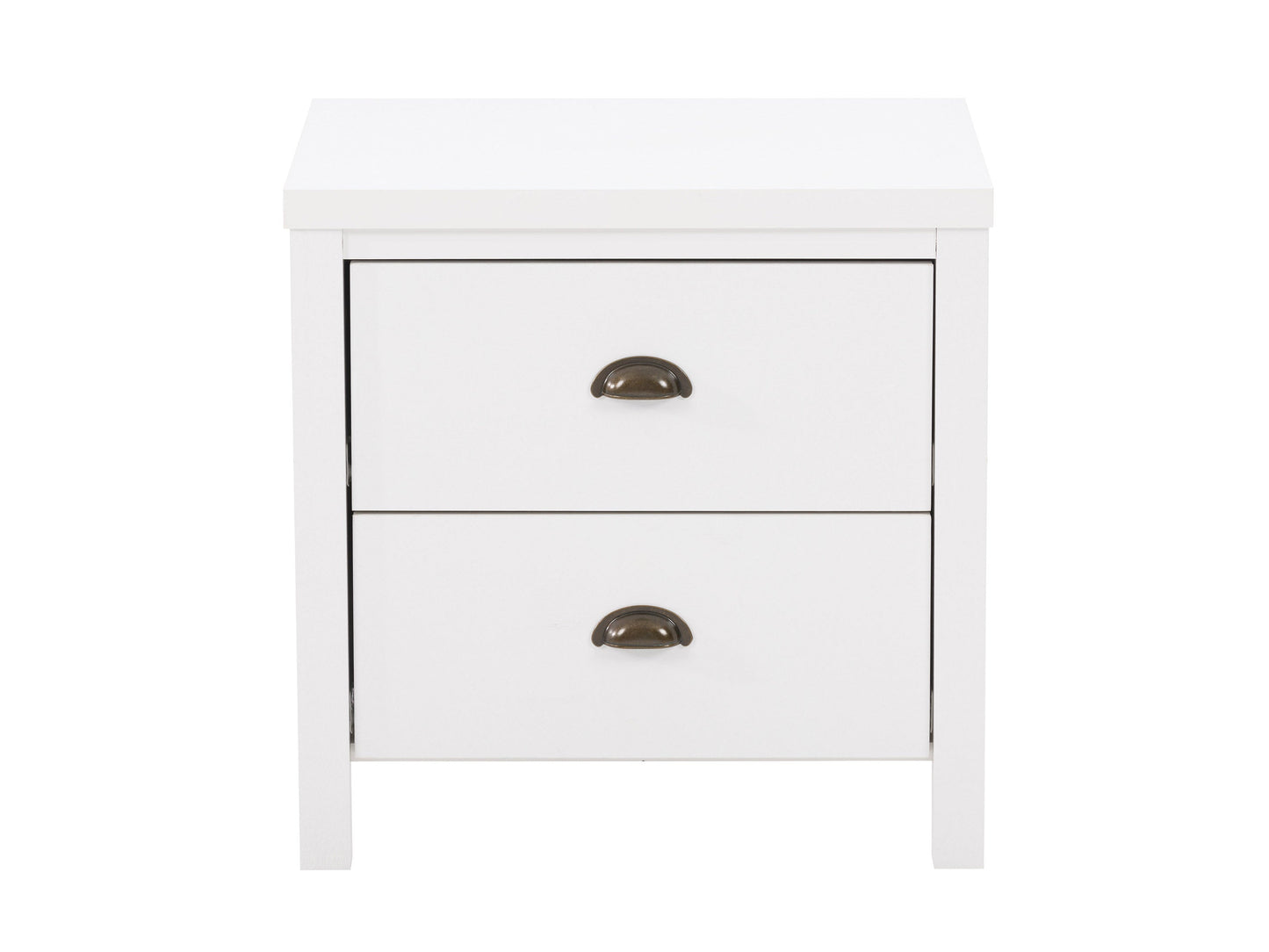 White 2 drawer night stand with sleek handles, minimalist design, and sturdy wooden construction.