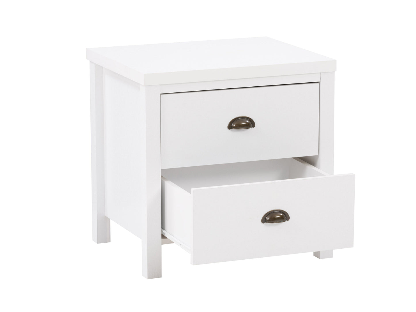 White 2 drawer night stand with sleek design, modern handles, and sturdy wooden legs for bedroom storage.