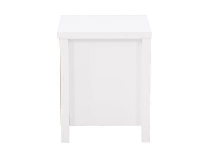 White 2 drawer night stand with sleek design, modern handles, and sturdy construction for bedroom storage.