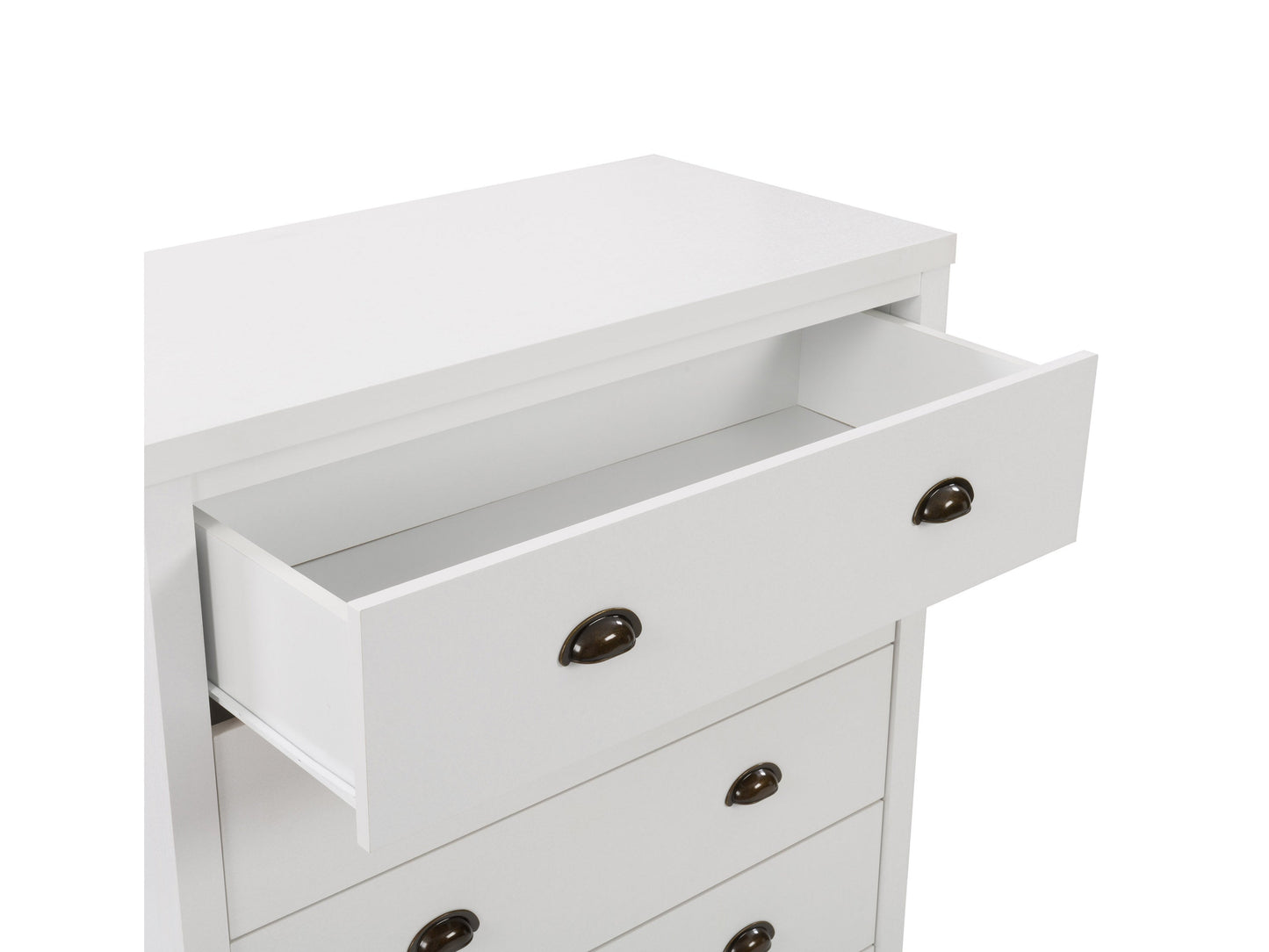 White 5-drawer dresser with sleek handles, minimalist design, and smooth finish for modern bedroom storage.