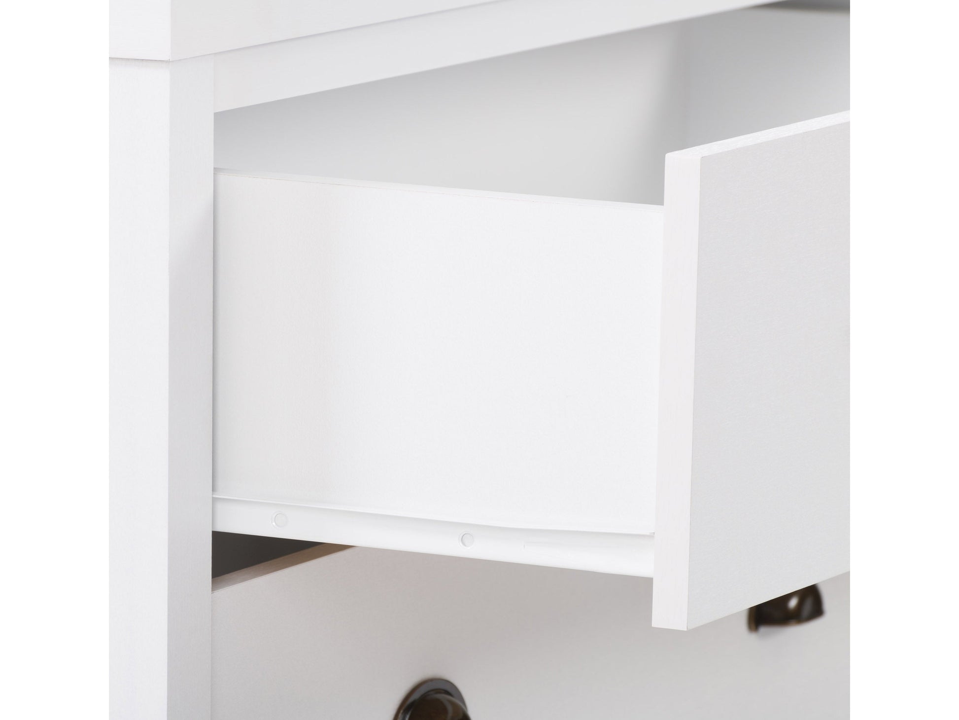 White 5-drawer dresser with minimalist design, sleek metal handles, and smooth finish for modern bedroom storage.