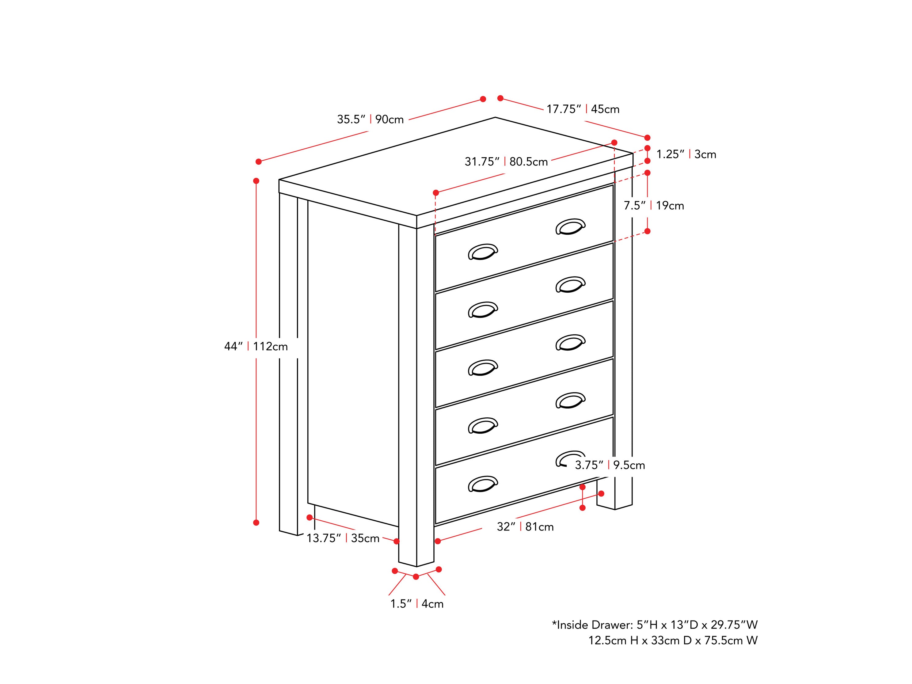 White 5 drawer dresser with sleek handles, modern design, and smooth finish.