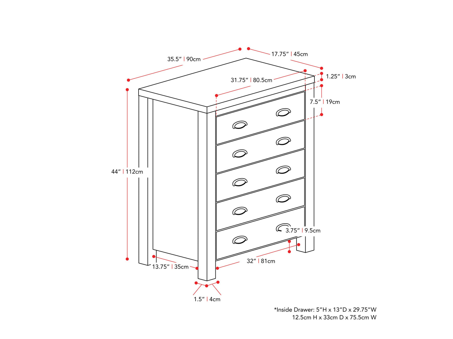 White 5 drawer dresser with sleek handles, modern design, and smooth finish.