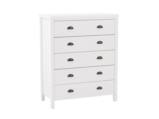 White 5 drawer dresser with sleek design, metal handles, and sturdy wooden construction for modern bedroom storage.