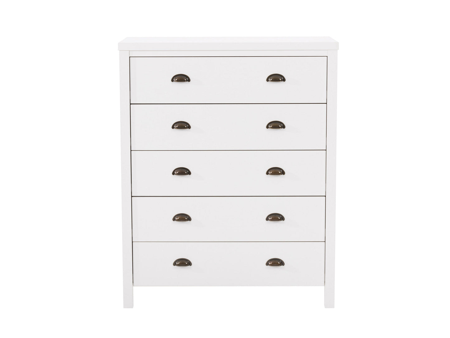 White 5-drawer dresser with modern minimalist design, sleek handles, and smooth finish.