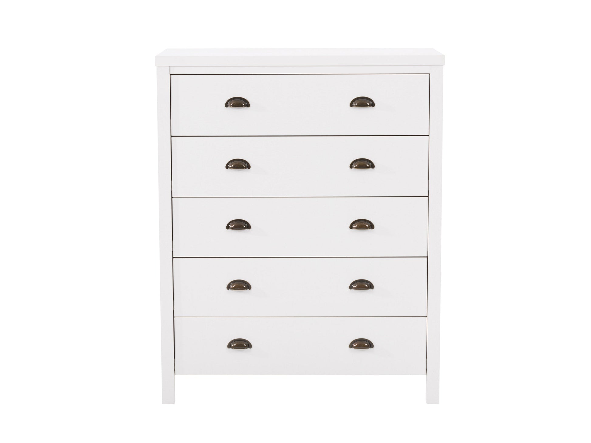 White 5-drawer dresser with modern minimalist design, sleek handles, and smooth finish.