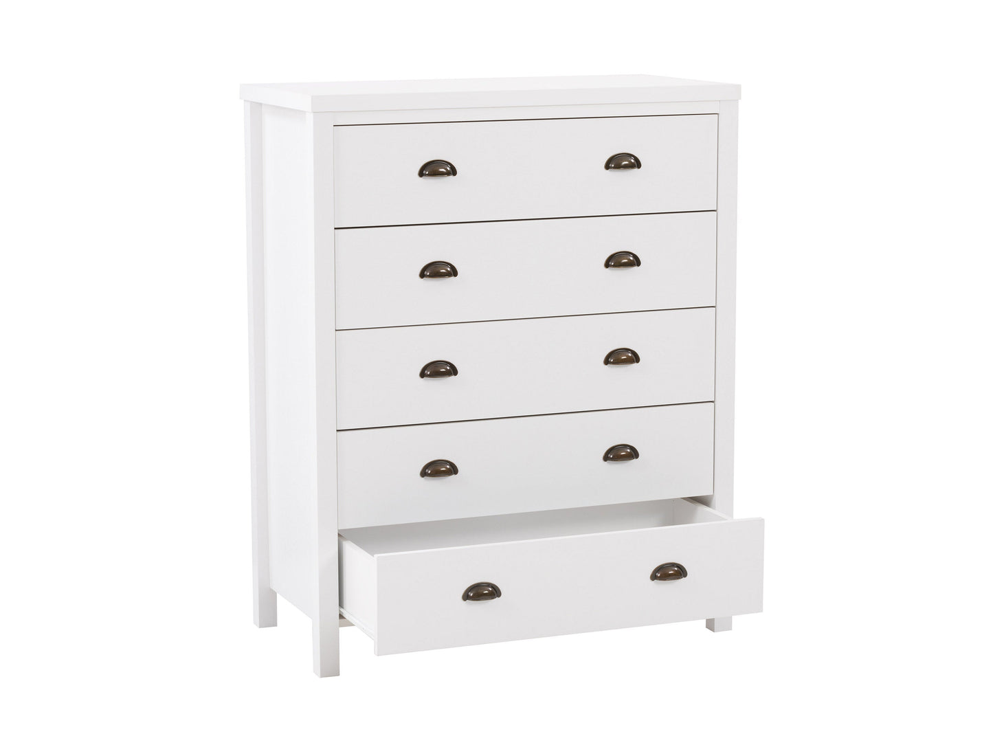 White 5-drawer dresser with sleek handles, modern minimalist design, and durable wooden construction.