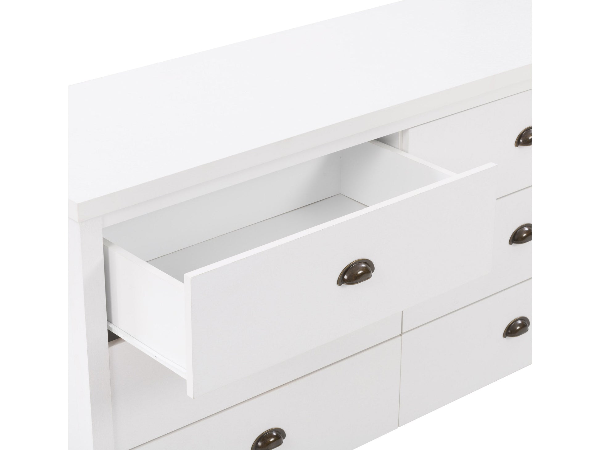 White 6 drawer dresser with sleek minimalist design, metal handles, and smooth finish.