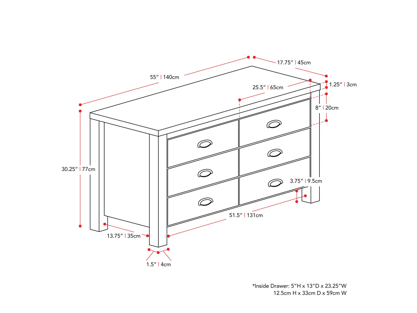 White 6-drawer dresser with sleek handles, modern design, and sturdy build for bedroom storage.