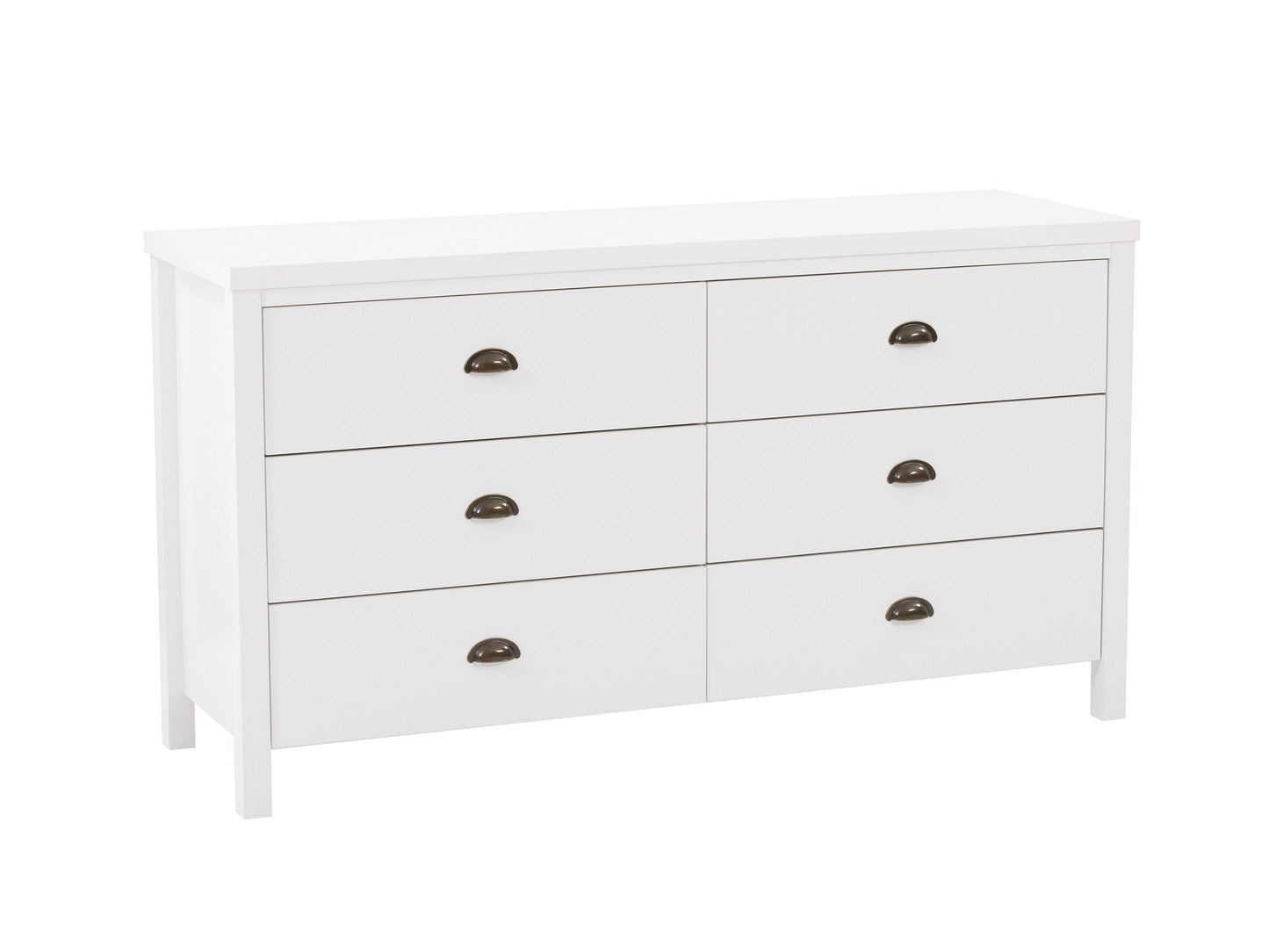 White 6-drawer dresser with sleek handles, minimalist design, and sturdy wooden construction.