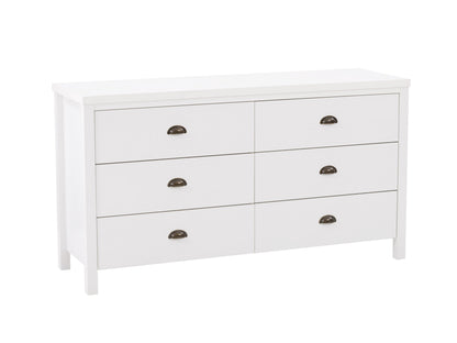 White 6-drawer dresser with sleek handles, minimalist design, and sturdy wooden construction.