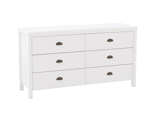 White 6-drawer dresser with sleek handles, minimalist design, and sturdy wooden construction.